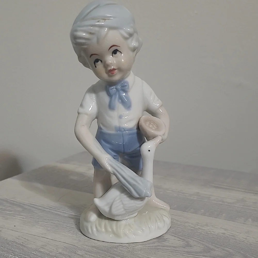 Unique Vintage Blue and White Porcelain Boy with Goose Figurine